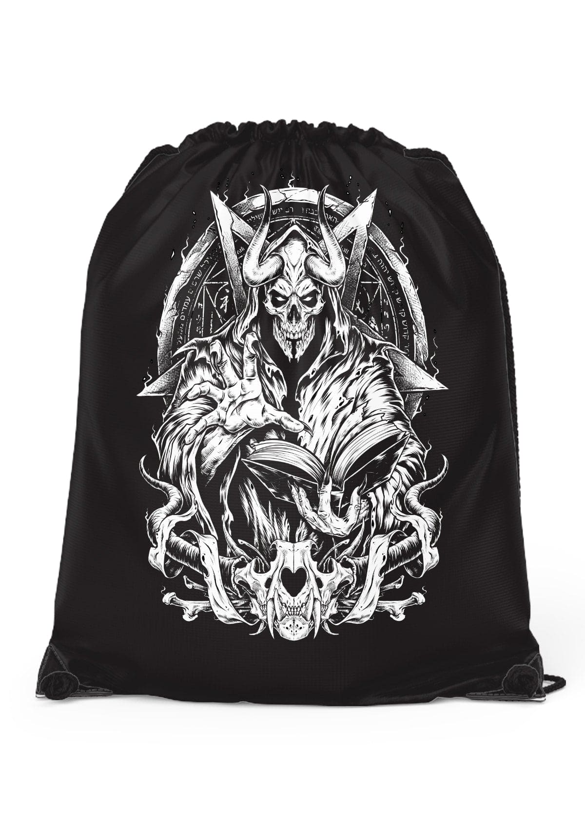Schwarze Incanation Gym Bag mit weißem Dämonenmotiv und Hörnern